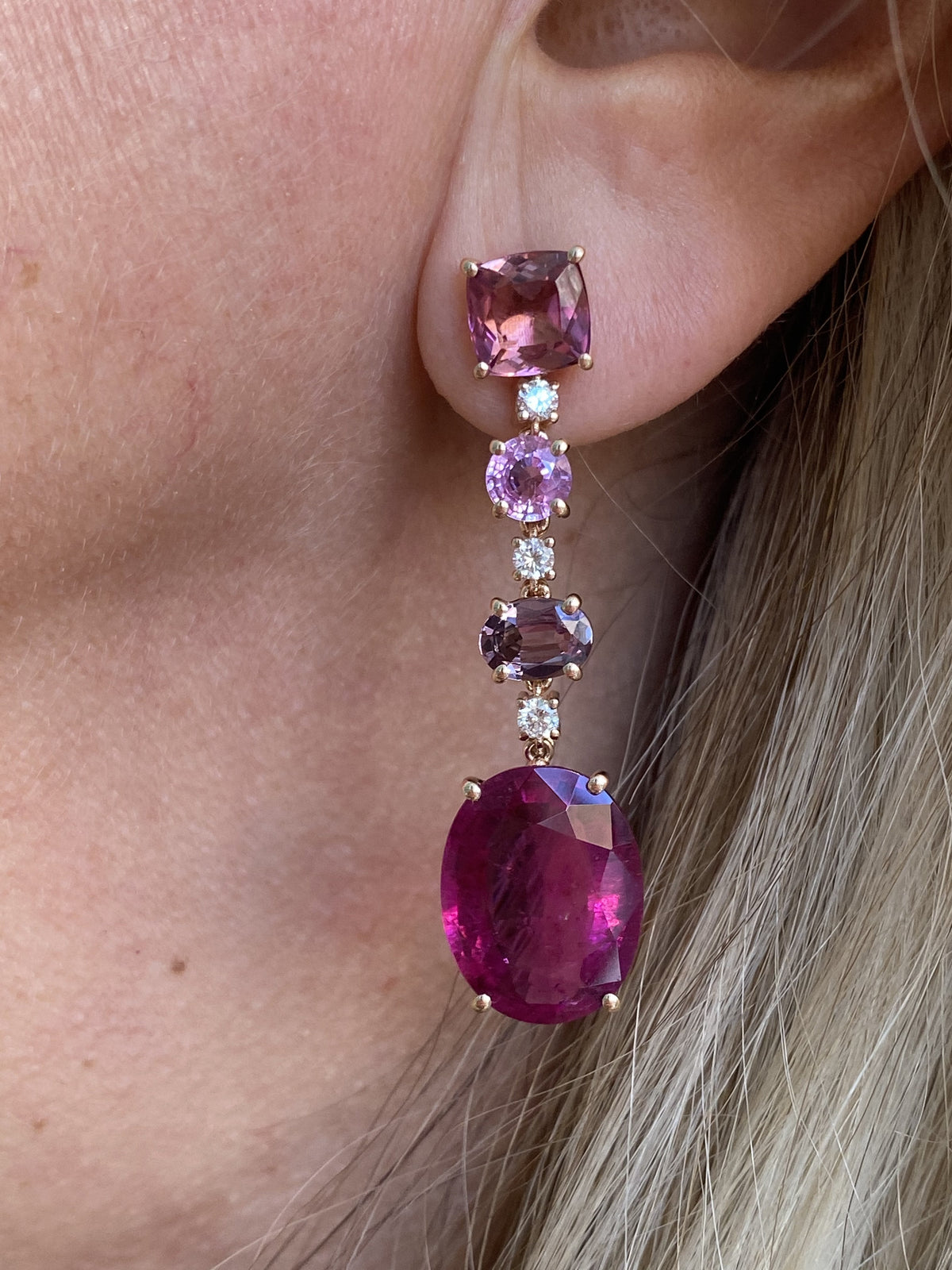 Party - One of a Kind Drop Earrings with Pink Tourmaline, Pink Sapphires, Purple Spinels, Rubellite and Diamonds, 18k Rose Gold