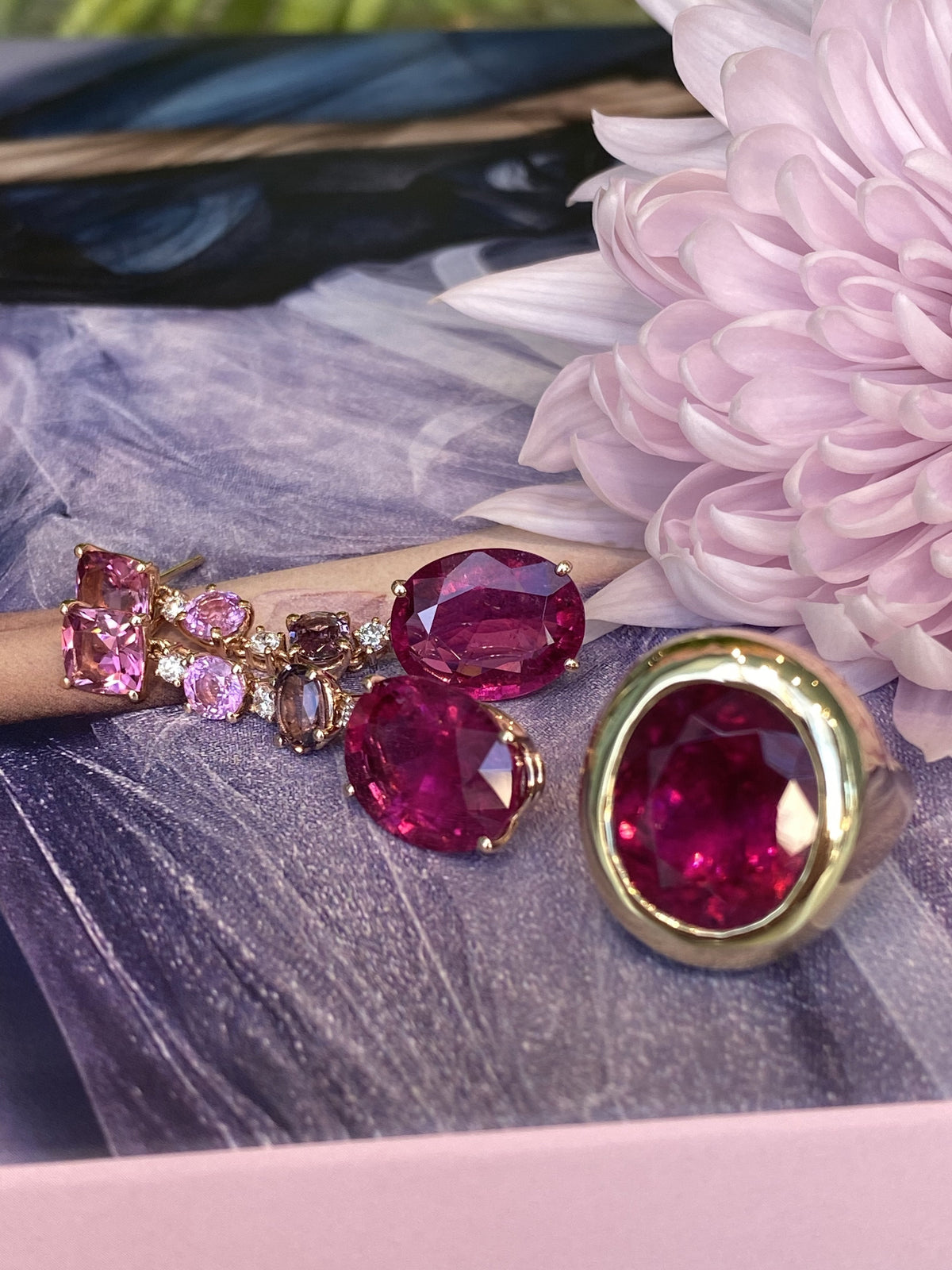 Party - One of a Kind Drop Earrings with Pink Tourmaline, Pink Sapphires, Purple Spinels, Rubellite and Diamonds, 18k Rose Gold