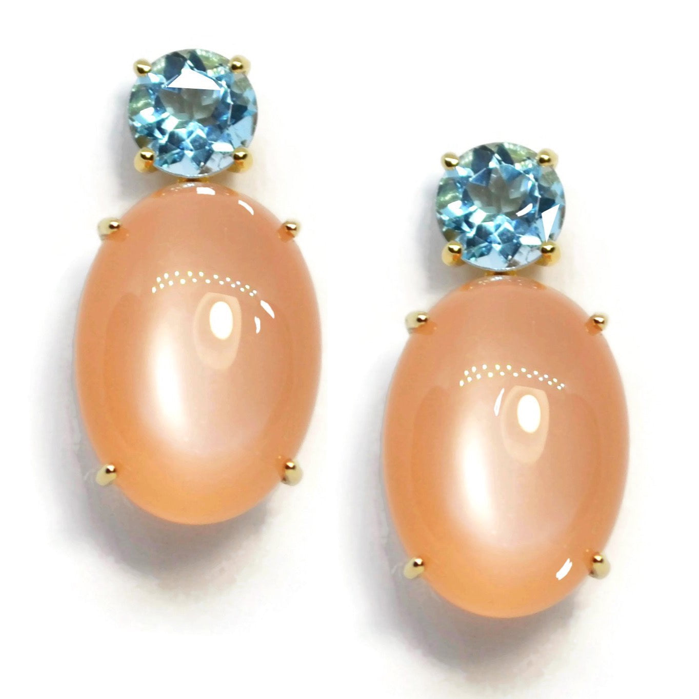Party Drop Earrings with Blue Topaz and Peach Moonstone, 18k