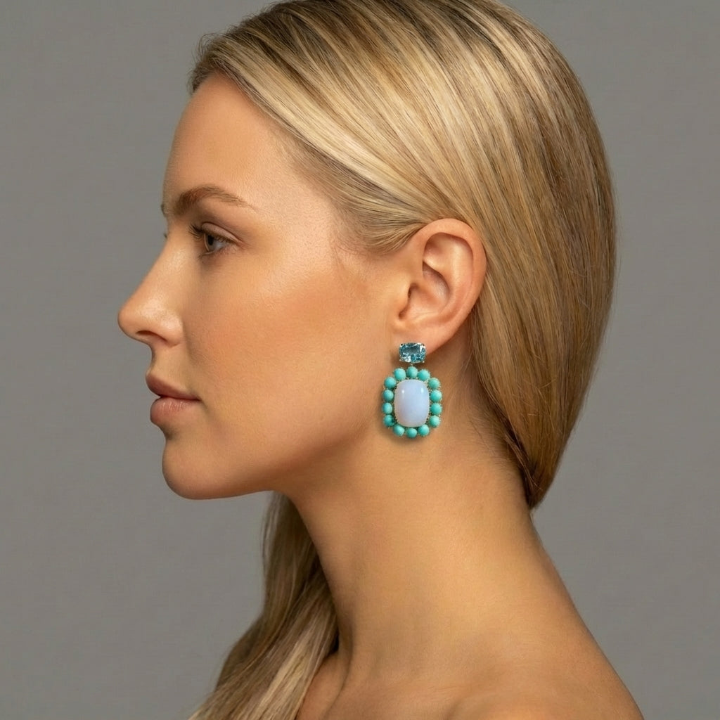A & Furst - Sole - Drop Earrings with Sky Blue Topaz, Blue Chalcedony and Turquoise, 18k Yellow Gold