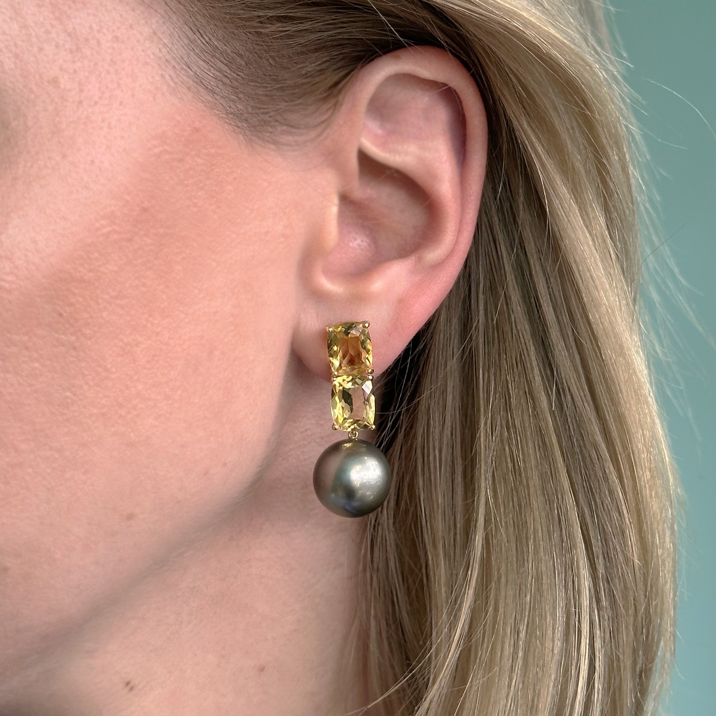 Bonbon - Drop Earrings with Citrine and Gray Tahitian Pearls, 18k Yellow Gold