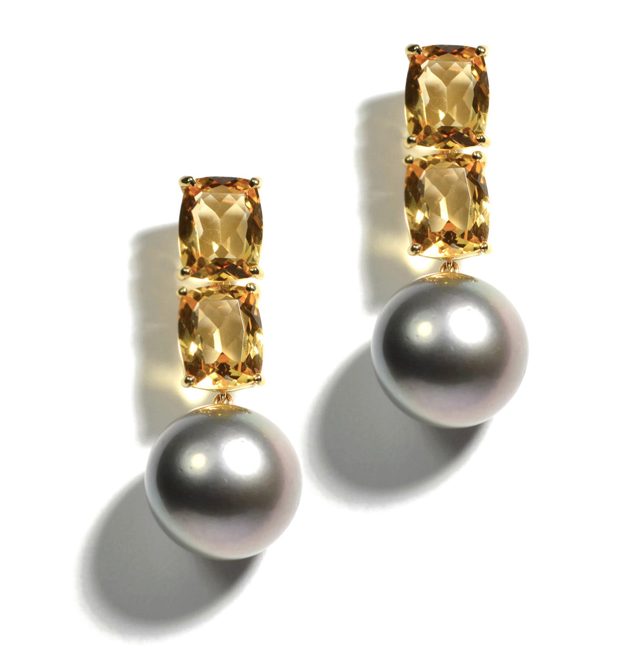 Bonbon - Drop Earrings with Citrine and Gray Tahitian Pearls, 18k Yellow Gold