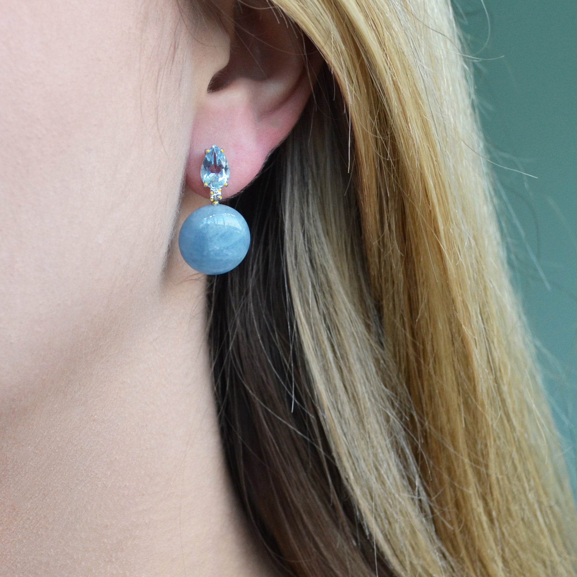 Bonbon - Drop Earrings with Blue Topaz, Milky Aquamarine and Diamonds, 18k Yellow Gold