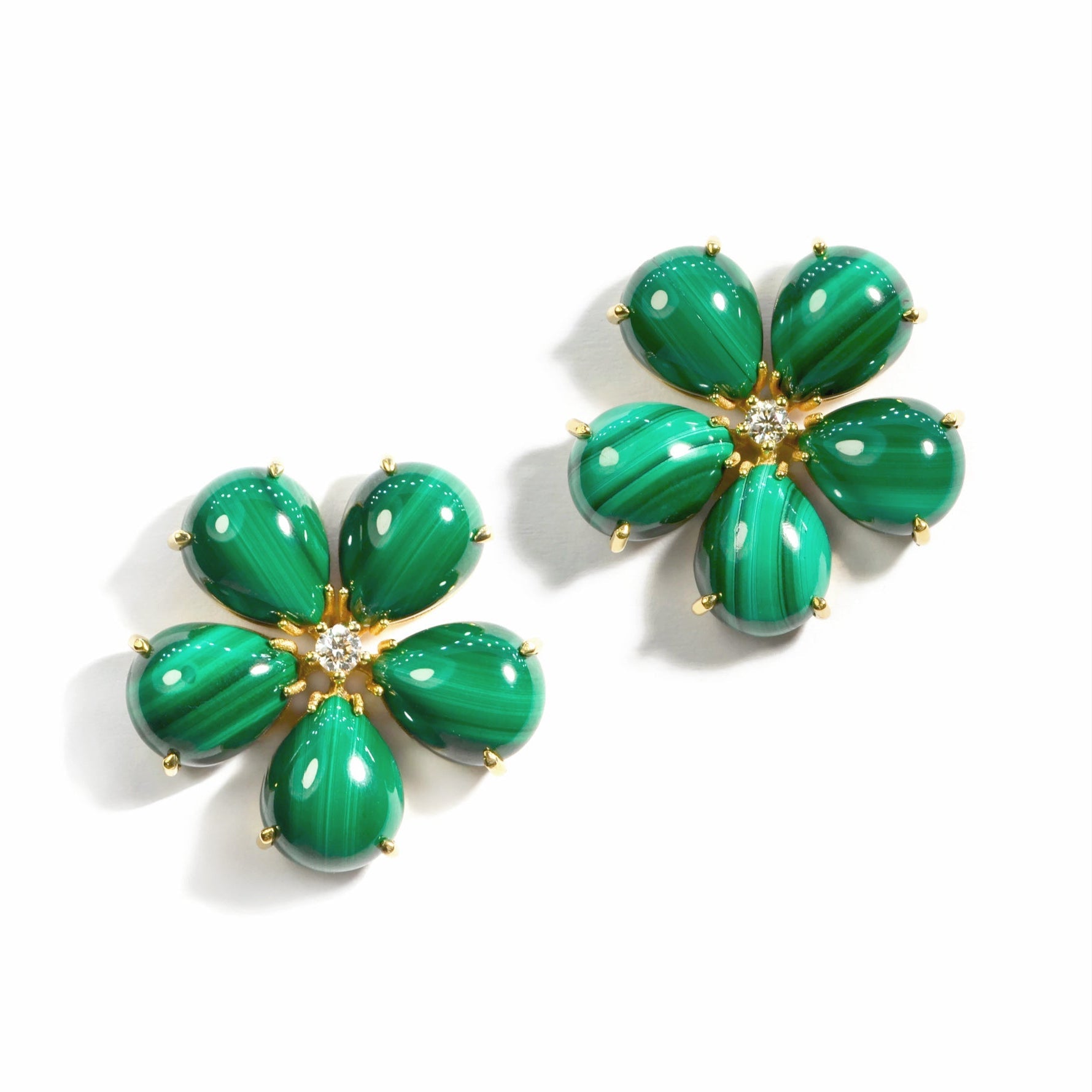 Fiori - Large Button Earrings with Malachite and Diamonds, 18k Yellow Gold