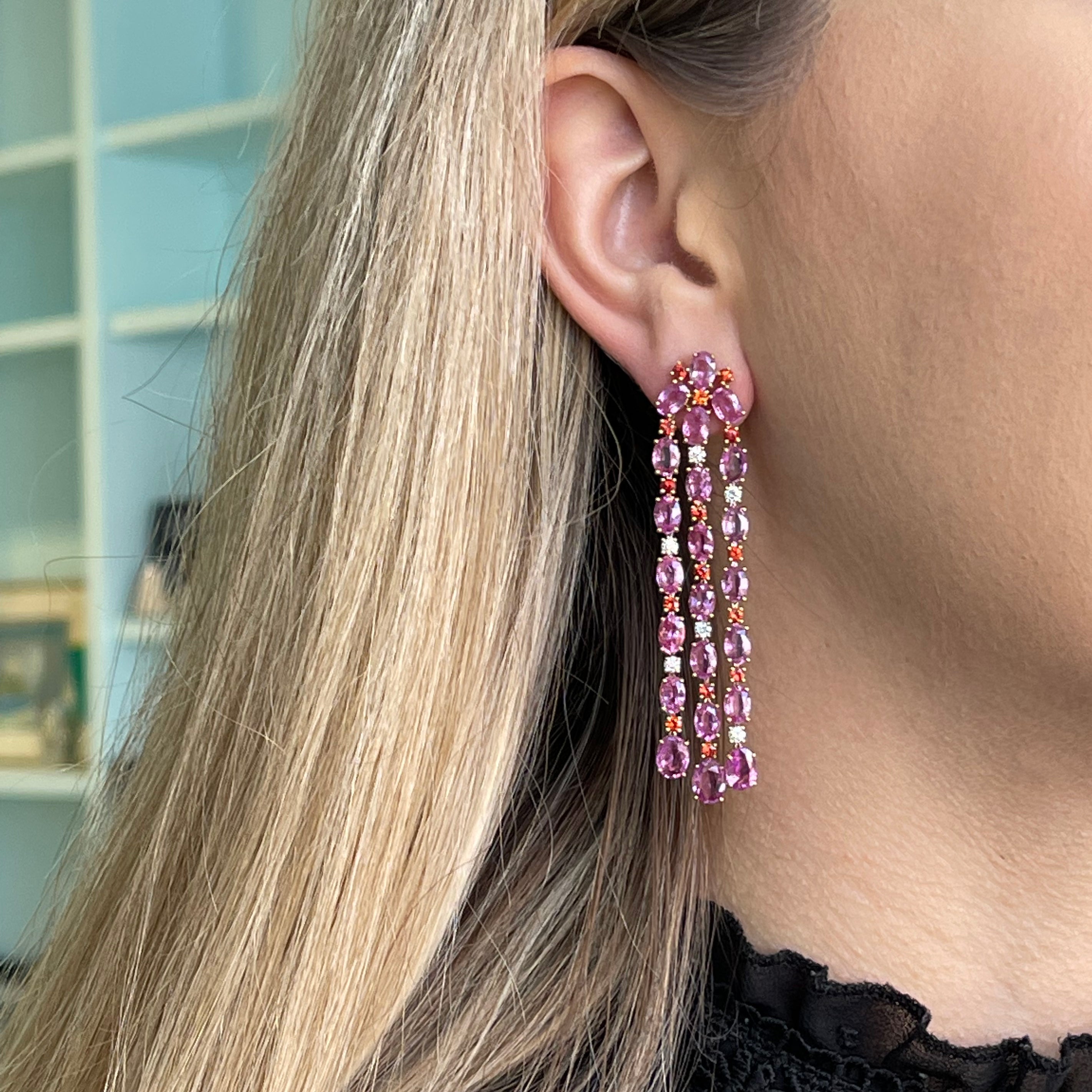 Nightlife - Mismatched Chandelier Earrings with Pink Sapphires, Orange Sapphires and Diamonds, 18k Yellow Gold