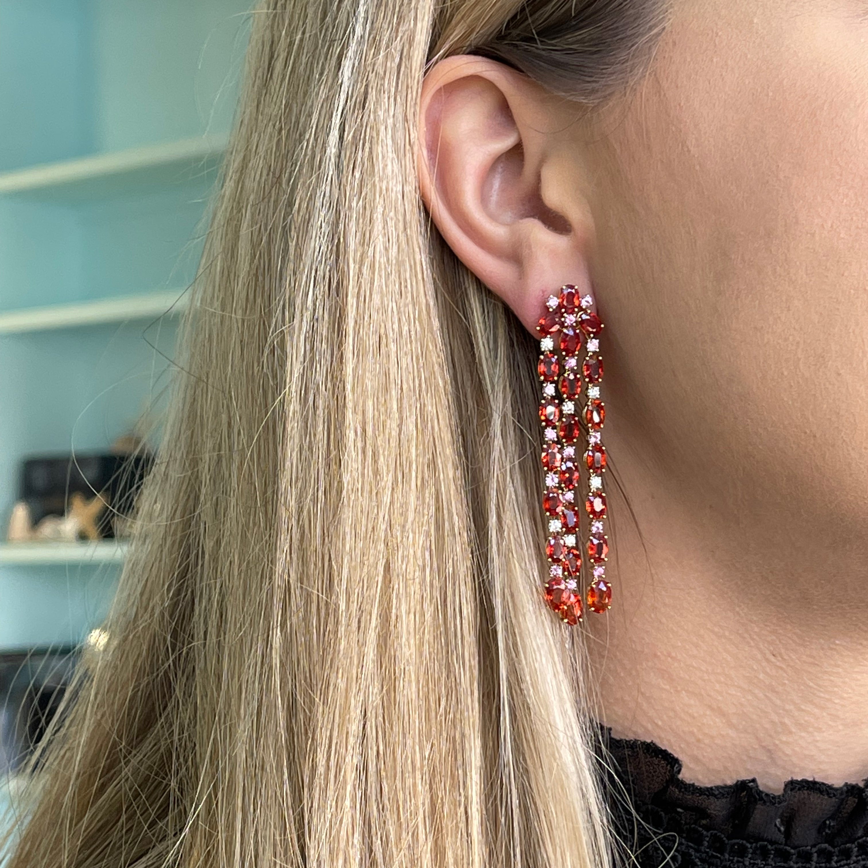 Nightlife - Mismatched Chandelier Earrings with Pink Sapphires, Orange Sapphires and Diamonds, 18k Yellow Gold