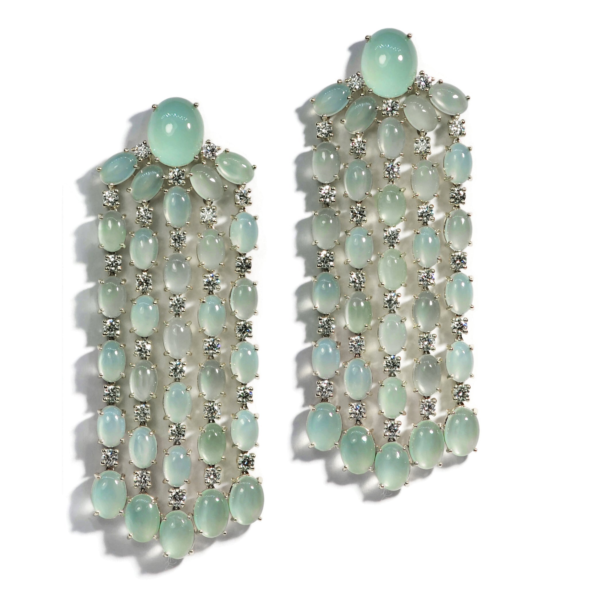 Nightlife - Chandelier Earrings with Green Aqua Chalcedony and Diamonds, 18k Yellow Gold