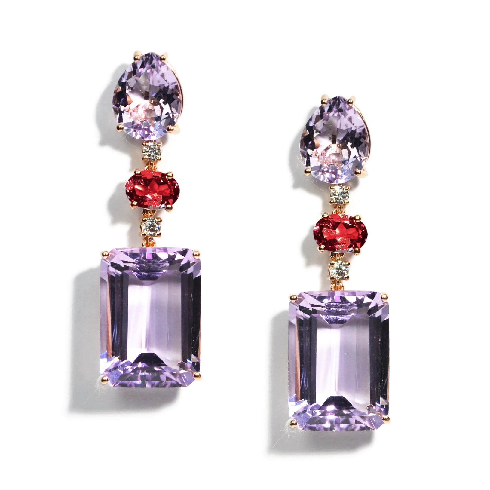 Party - Drop Earrings with Rose de France, Rubies and Diamonds, 18k Rose Gold