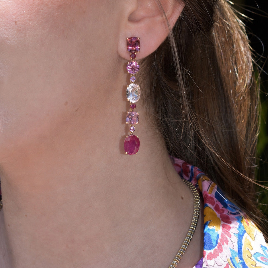 Party - One of a Kind Mismatched Drop Earrings with Rubellite, Morganite, Pink Tourmaline, Rubies and Pink Sapphires, 18k Yellow Gold