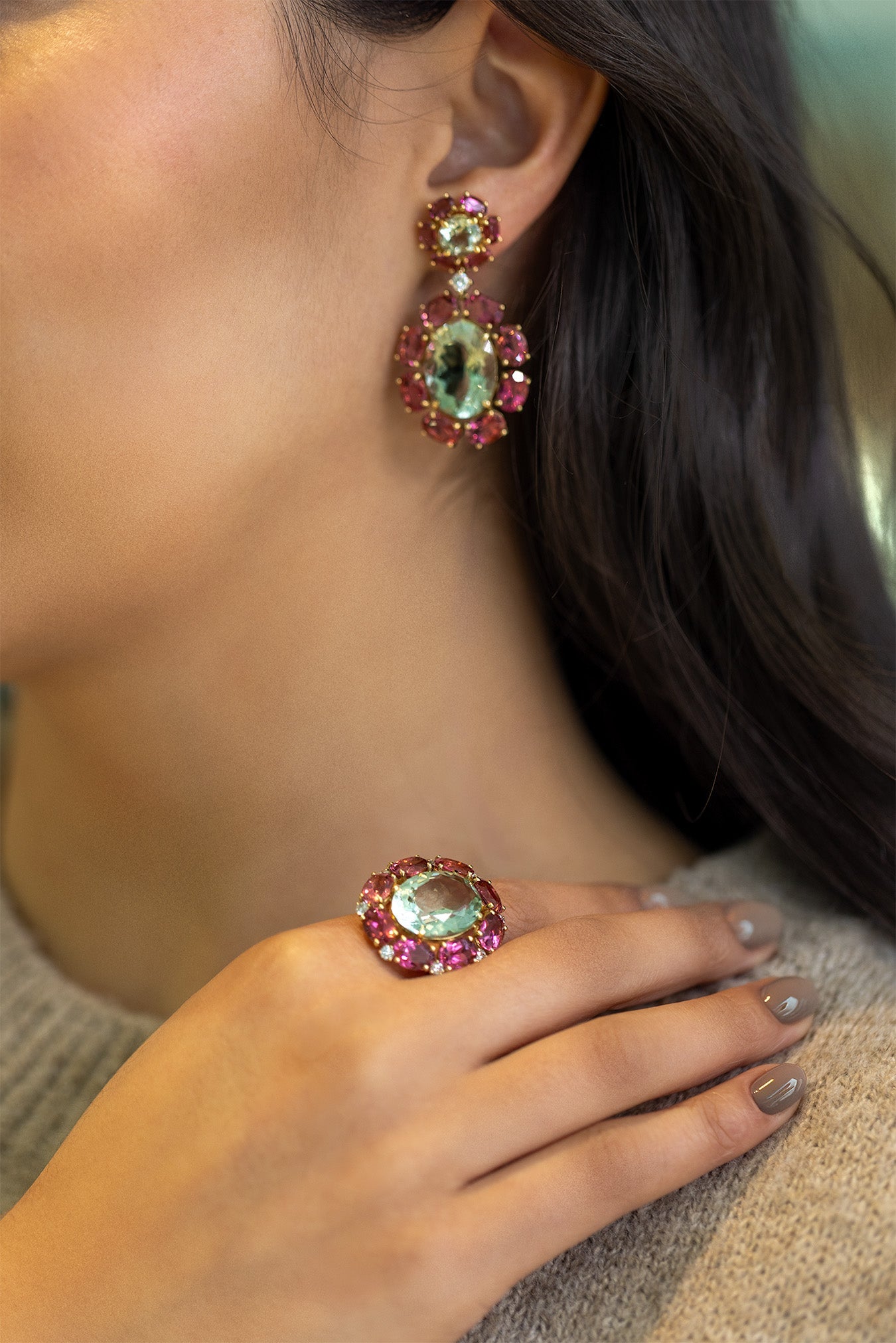 Sole - Drop Earrings with Prasiolite, Pink Tourmaline and Diamonds, 18k Yellow Gold