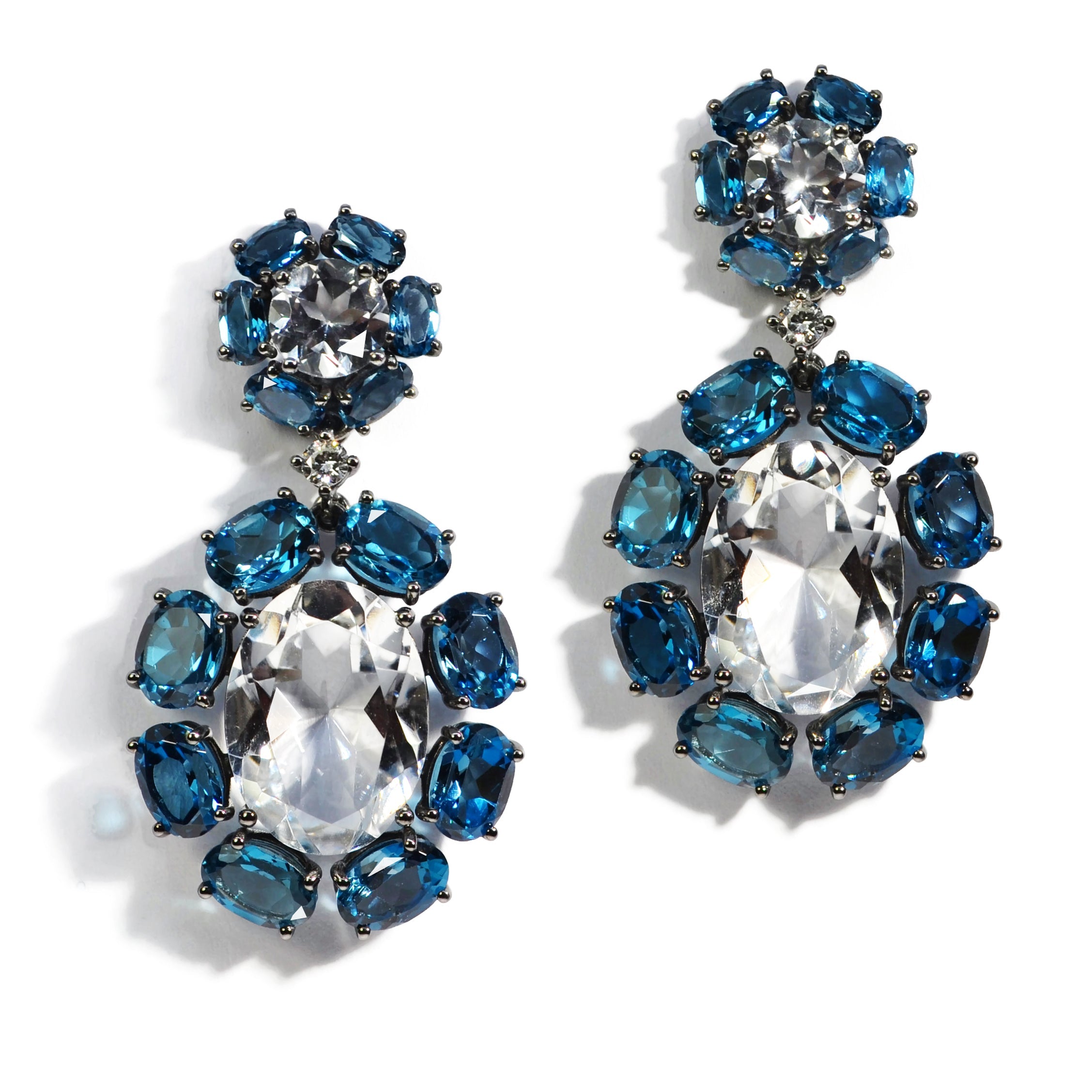 Sole - Drop Earrings with Rock Crystal, London Blue Topaz and Diamonds, Blackened Sterling Silver and 18k Yellow Gold