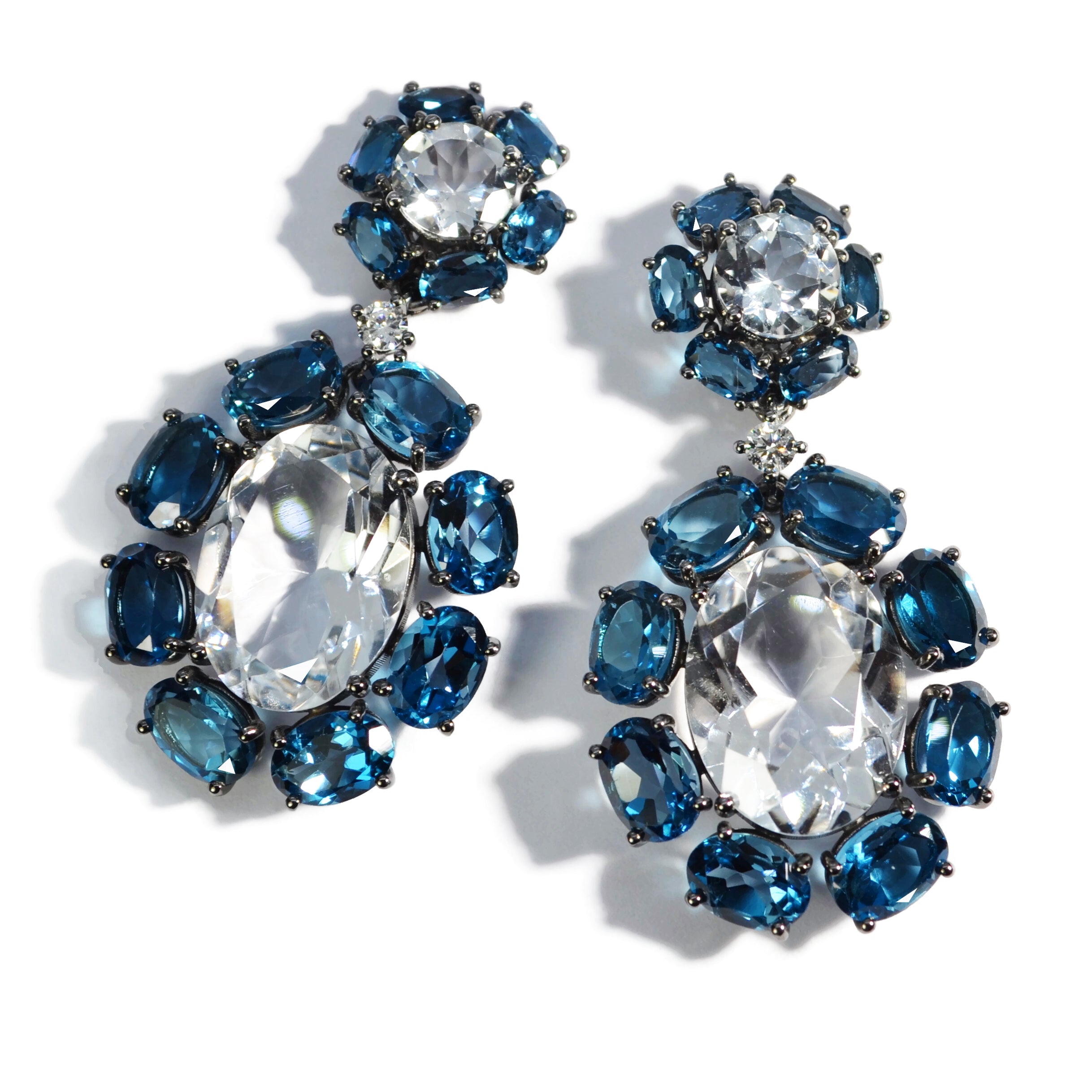 Sole - Drop Earrings with Rock Crystal, London Blue Topaz and Diamonds, Blackened Sterling Silver and 18k Yellow Gold