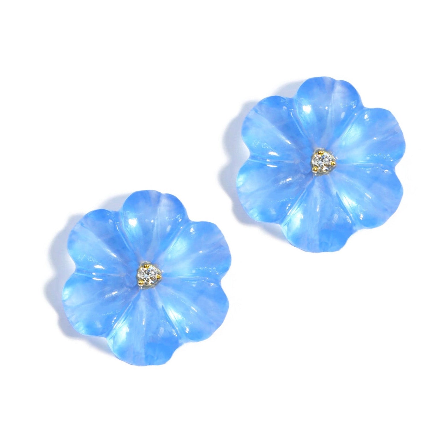 Fiori - Small Button Earrings with Blue Chalcedony and Diamonds, 18k Yellow Gold