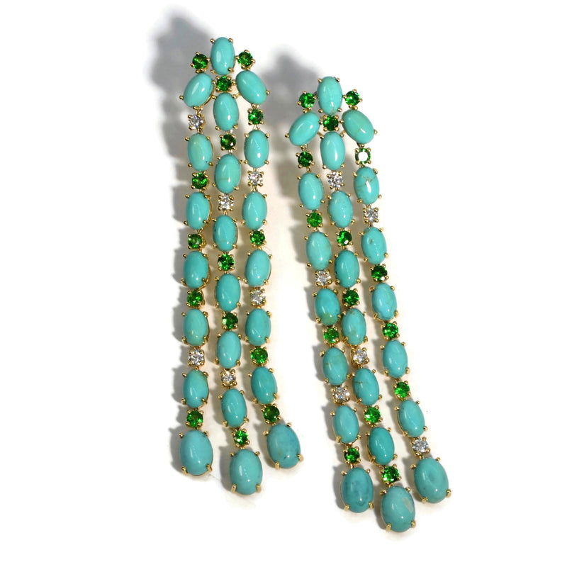 Nightlife - Chandelier Earrings with Turquoise, Tsavorite Garnet and Diamonds, 18k Yellow Gold