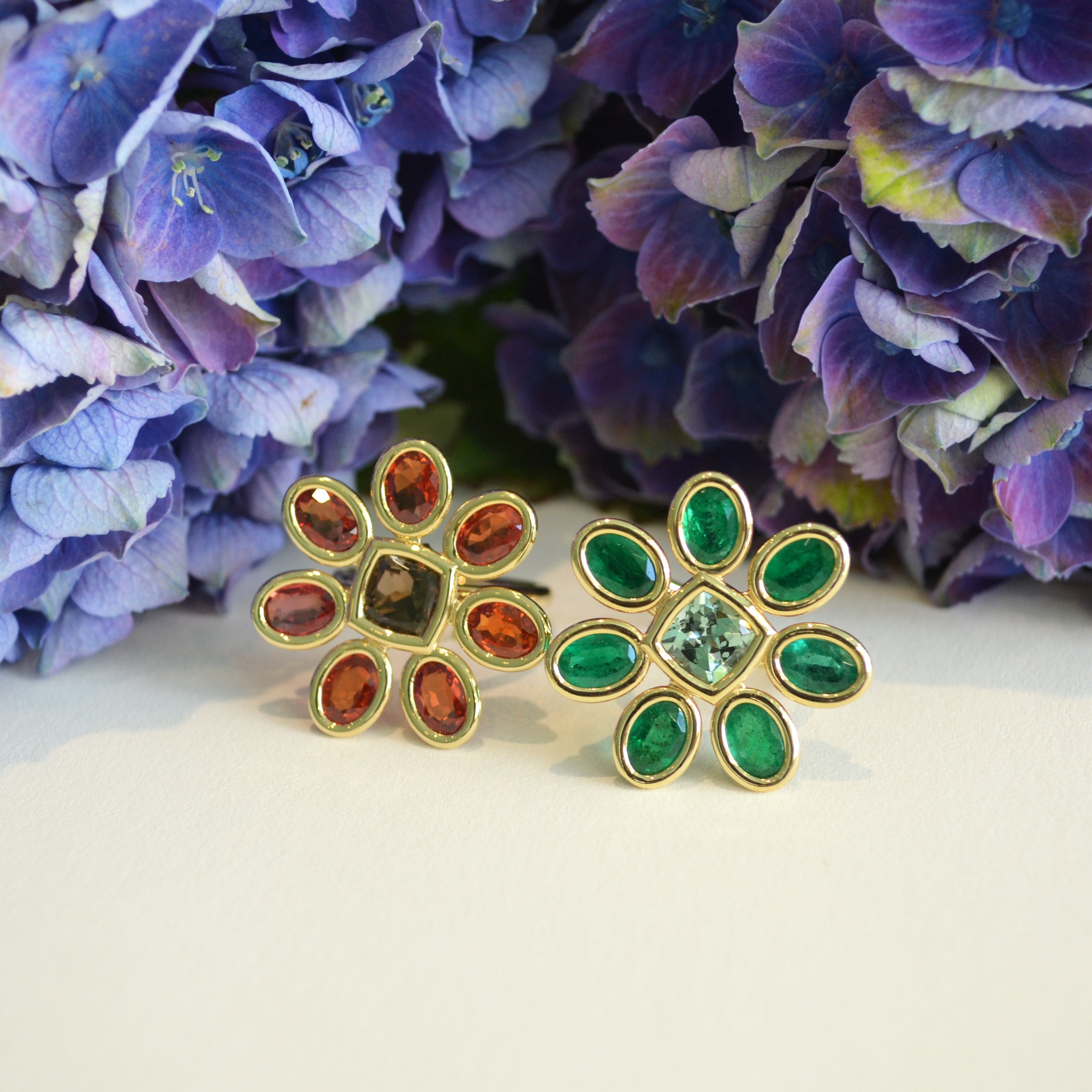 Fiori - Cocktail Ring with Orange Sapphires and Smoky Quartz, 18k Yellow Gold