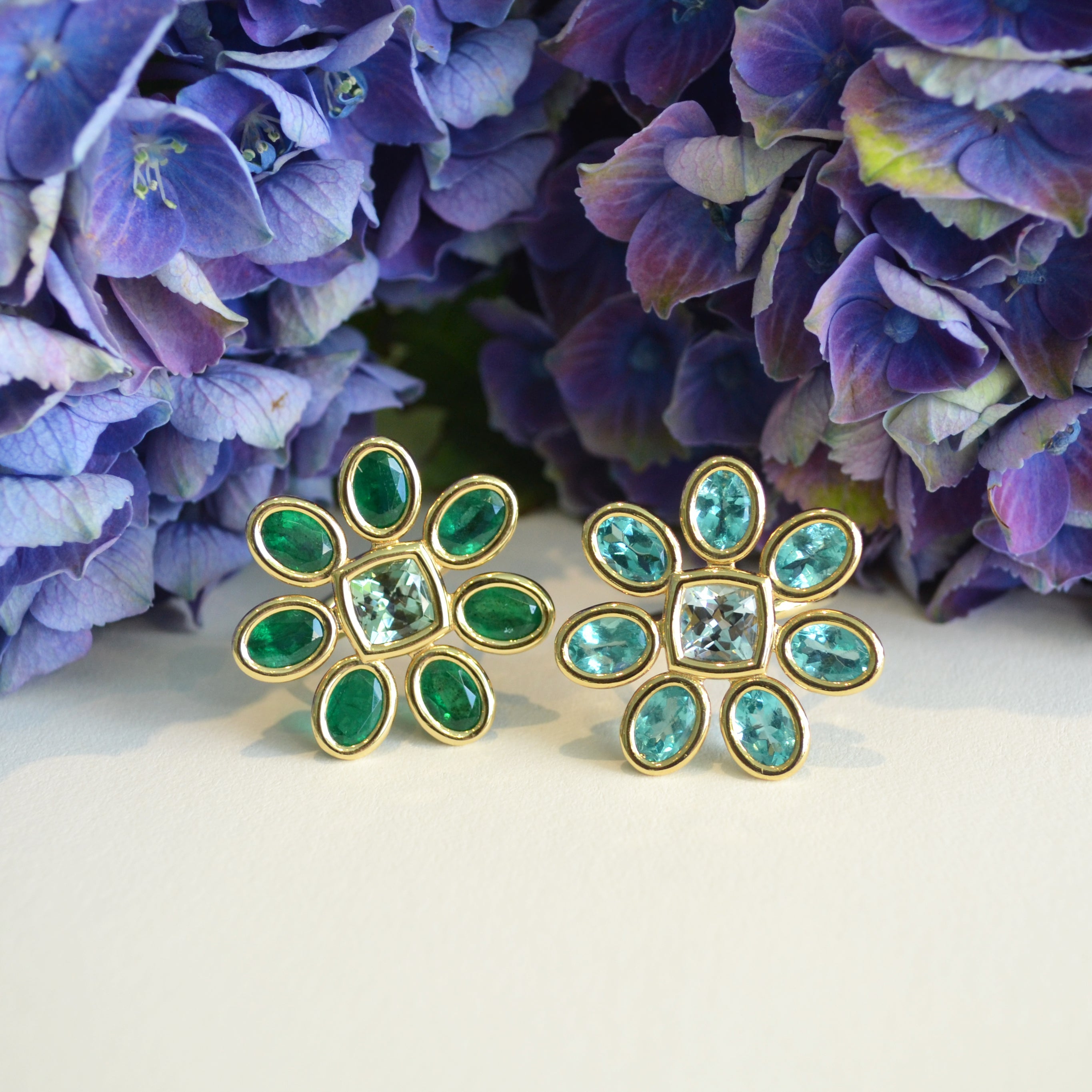 Fiori - Cocktail Ring with Emeralds and Mint Tourmaline, 18k Yellow Gold