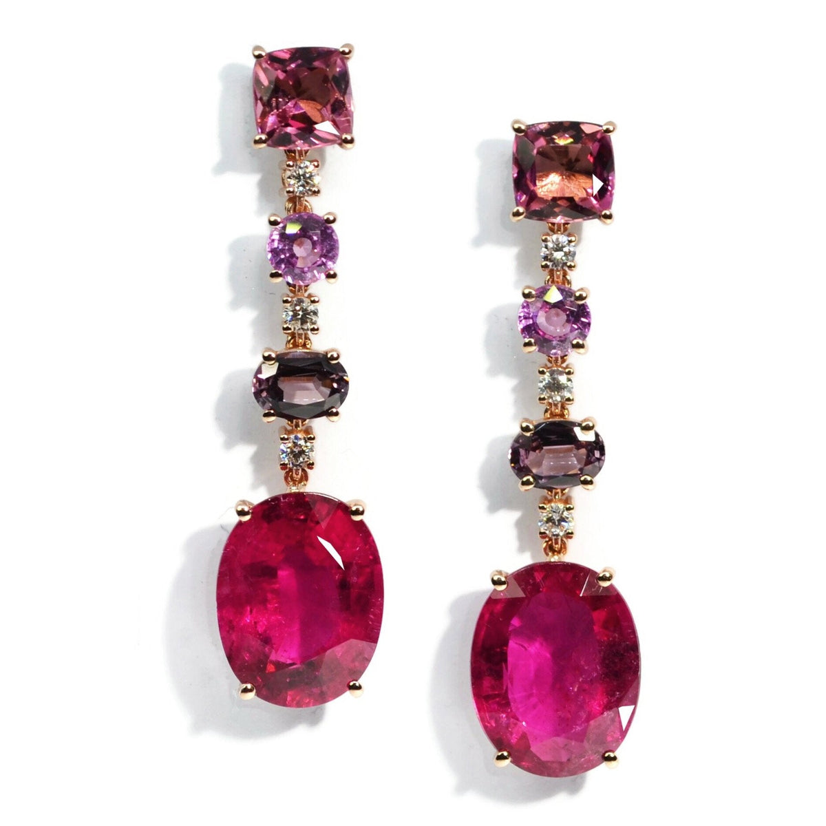 Party - One of a Kind Drop Earrings with Pink Tourmaline, Pink Sapphires, Purple Spinels, Rubellite and Diamonds, 18k Rose Gold