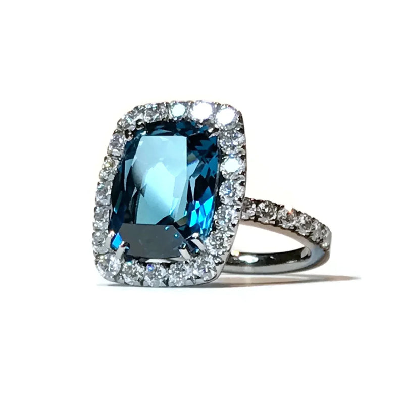 Dynamite - Cocktail Ring with London Blue Topaz and Diamonds, 18k White Gold