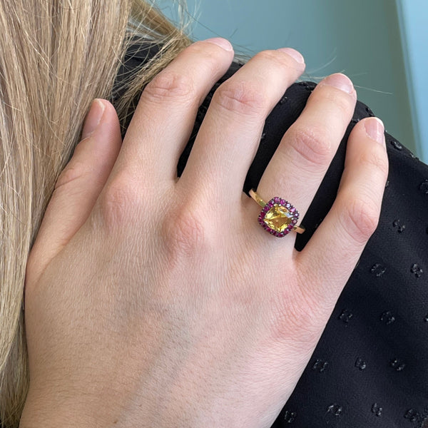 Dynamite - Small Ring with Citrine and Rubies, 18k Yellow Gold and Black Rhodium