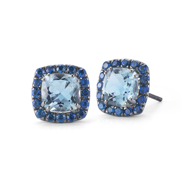 Dynamite - Stud Earrings with Blue Topaz and Blue Sapphires, 18k Blackened Gold
