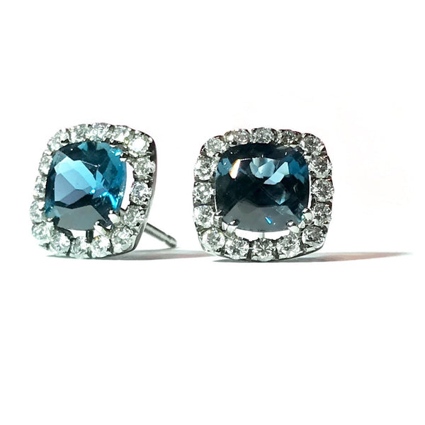 Dynamite - Stud Earrings with London Blue Topaz and Diamonds, 18k White Gold