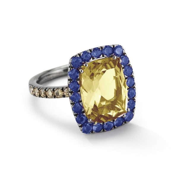 Dynamite - Cocktail Ring with Citrine, Sapphires and Brown Diamonds, 18k Blackened Gold