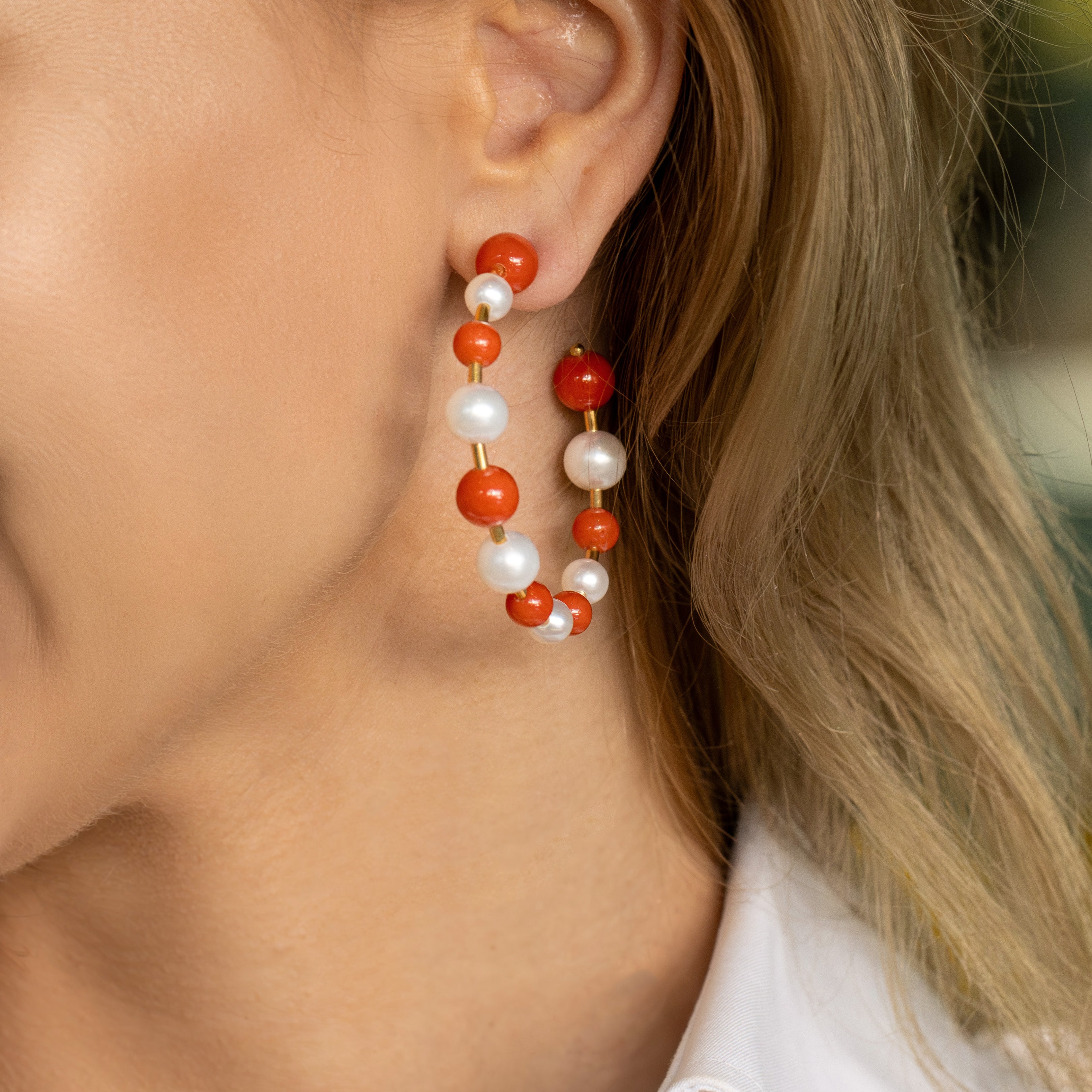 Joy - 48 mm Hoop Earrings with White Pearls and Natural Red Corals, 18k Yellow Gold