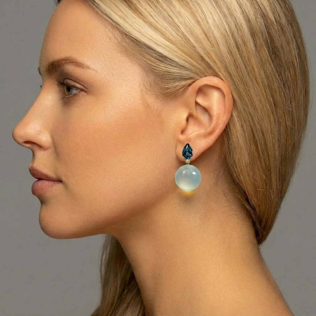 A & Furst - Bonbon - Drop Earrings with London Blue Topaz, Diamonds and Aqua Chalcedony, 18k Yellow Gold