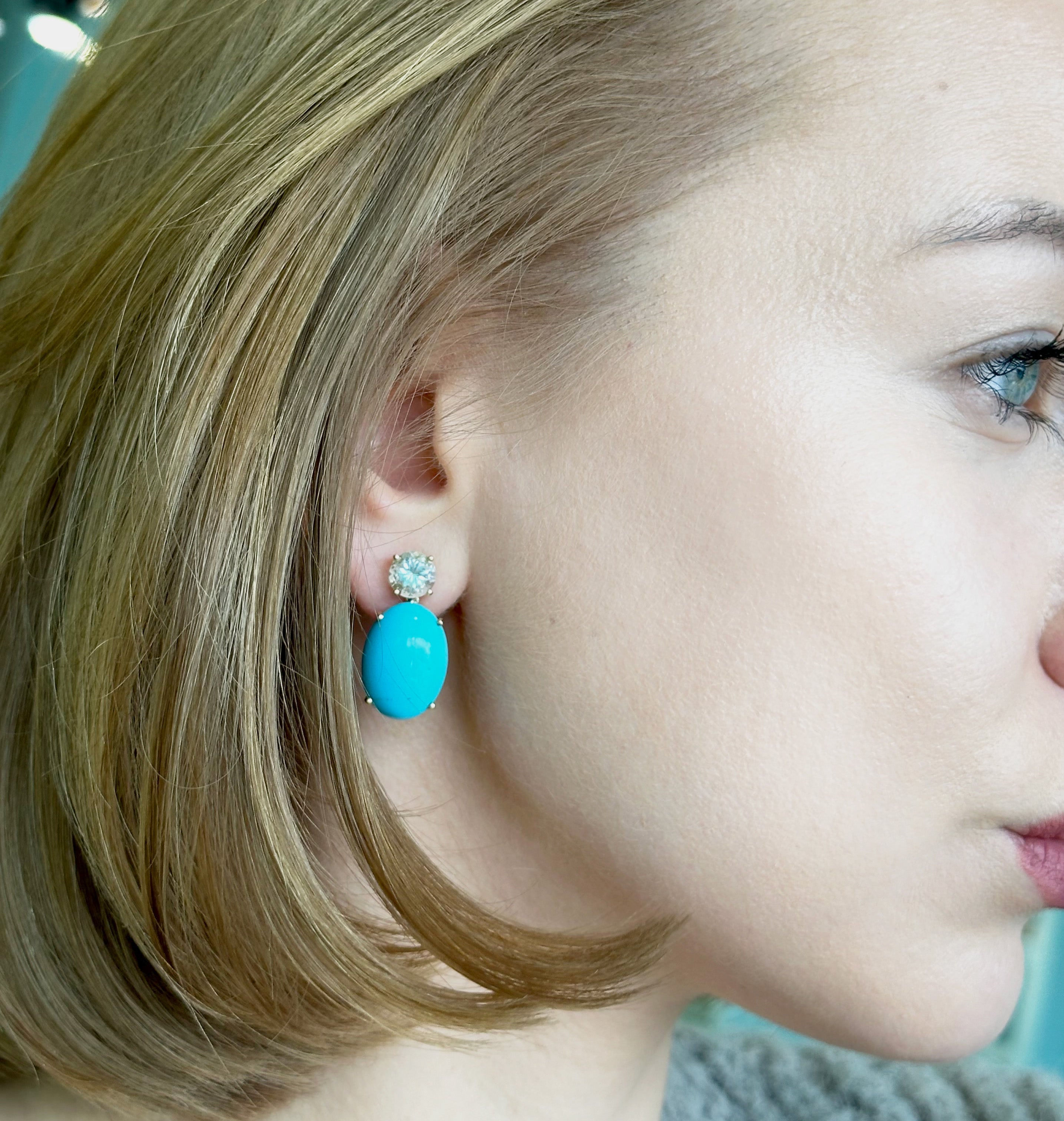Party - Drop Earrings with Natural Arizona Turquoise and Aquamarine, 18k Yellow Gold