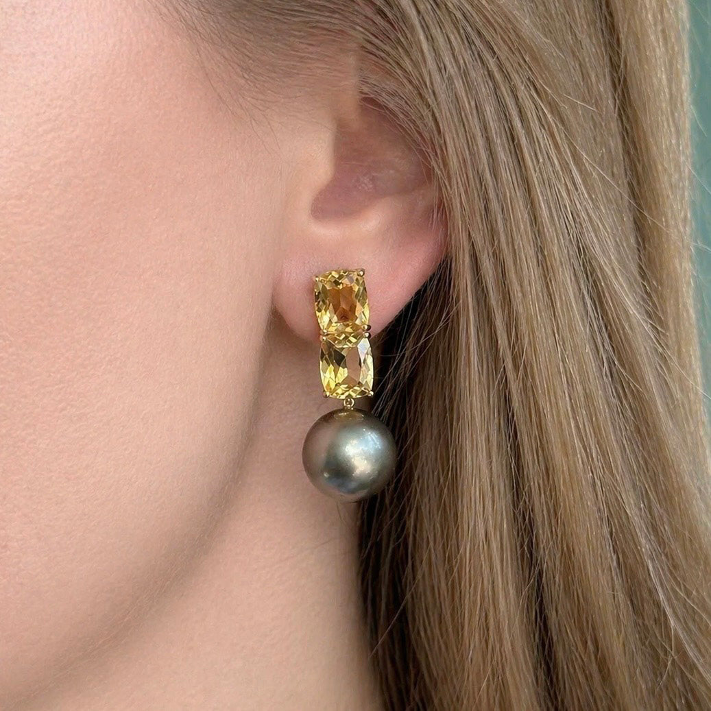 Bonbon - Drop Earrings with Citrine and Gray Tahitian Pearls, 18k Yellow Gold