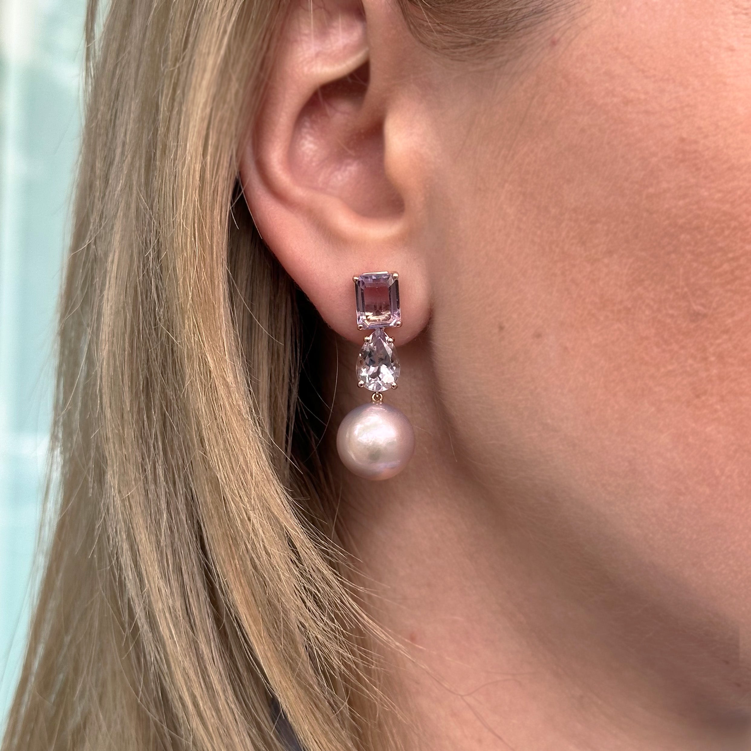 Bonbon - Drop Earrings with Rose de France and Pink Pearls, 18k Rose Gold