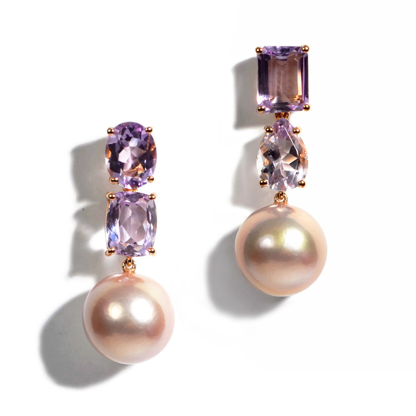 Bonbon - Drop Earrings with Rose de France and Pink Pearls, 18k Rose Gold
