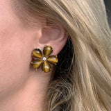 Fiori - Large Button Earrings with Tiger Eye and Diamonds, 18k Yellow Gold