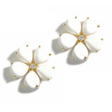Fiori - Large Button Earrings with White Agate and Diamonds, 18k Yellow Gold