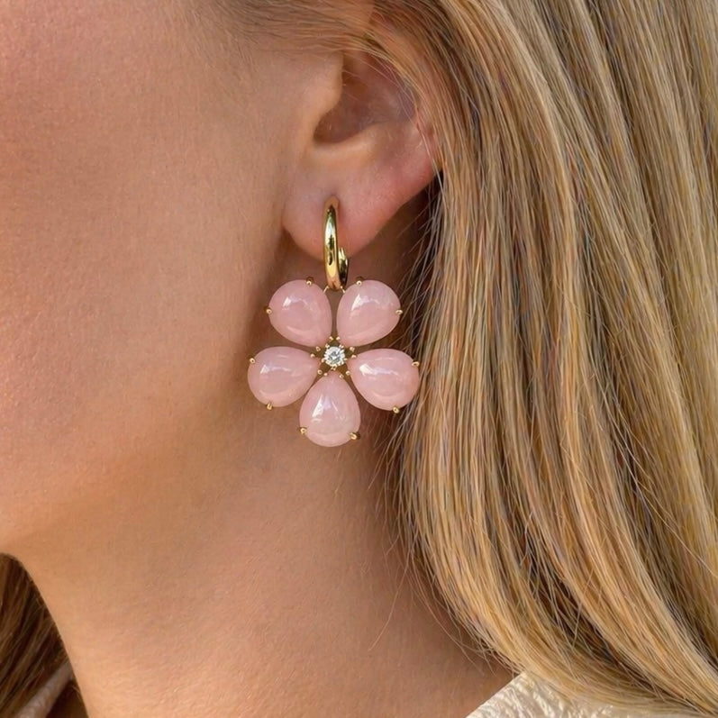 Fiori - Large Drop Earrings with Pink Opal and Diamonds, 18k Yellow Gold