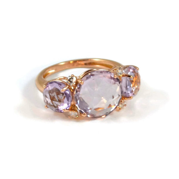 Lilies - Three Stone Ring with Rose de France and Diamonds, 18k Rose Gold