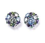Bouquet - Large Cluster Earrings with Blue Topaz, Prasiolite, Peridot, Iolite, Tsavorite Garnet, Blue Sapphire and Diamonds, 18k White Gold with Black Rhodium
