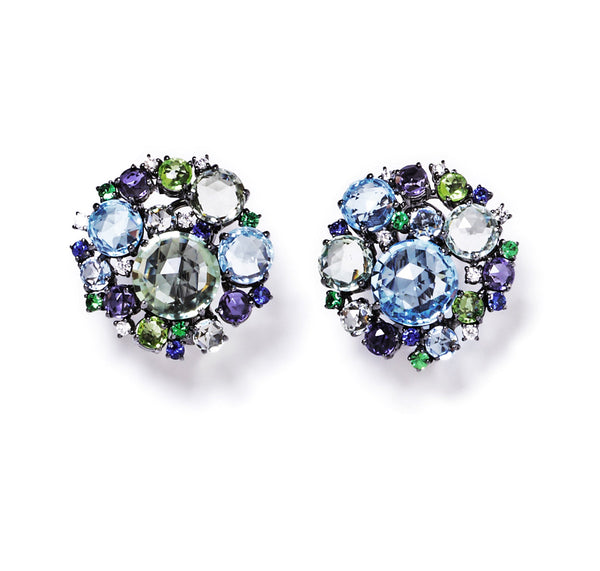 Bouquet - Large Cluster Earrings with Blue Topaz, Prasiolite, Peridot, Iolite, Tsavorite Garnet, Blue Sapphire and Diamonds, 18k White Gold with Black Rhodium