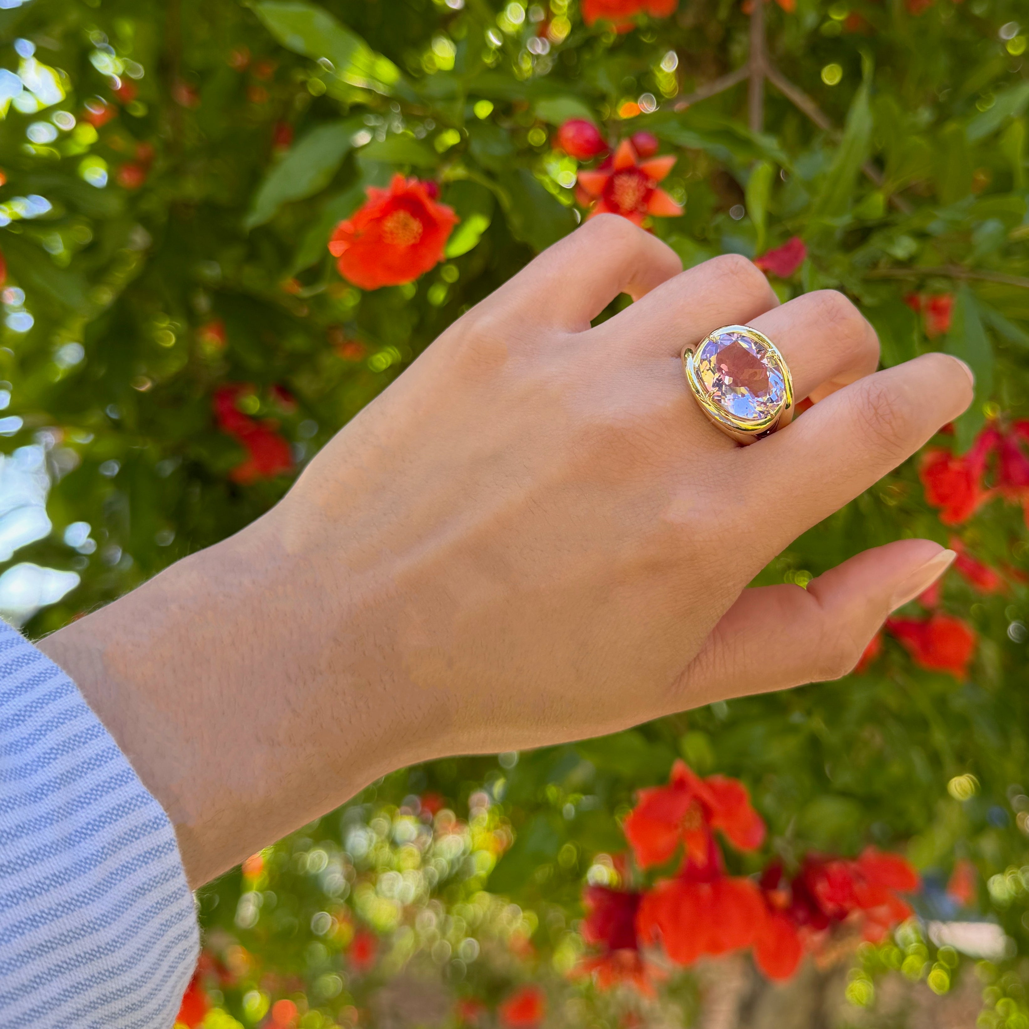 Aera - Cocktail Ring with Rose de France, 18k Yellow Gold