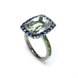 Dynamite - Cocktail Ring with Prasiolite, Blue Sapphires and Tsavorite Garnet, 18k Blackened Gold
