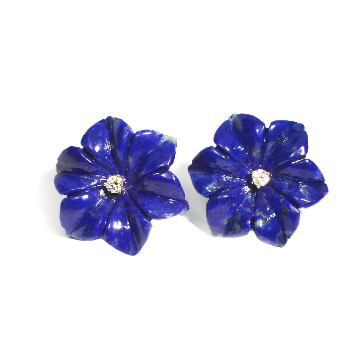Fiori - Small Button Earrings with Lapis Lazuli and Diamonds, 18k Yellow Gold