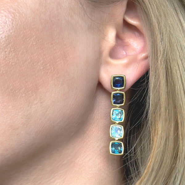 Gaia - Drop Earrings with Multicolor Blue Tones Gemstones, 18k Yellow Gold