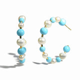 Joy - 48 mm Hoop Earrings with White Pearls and Turquoise, 18k Yellow Gold