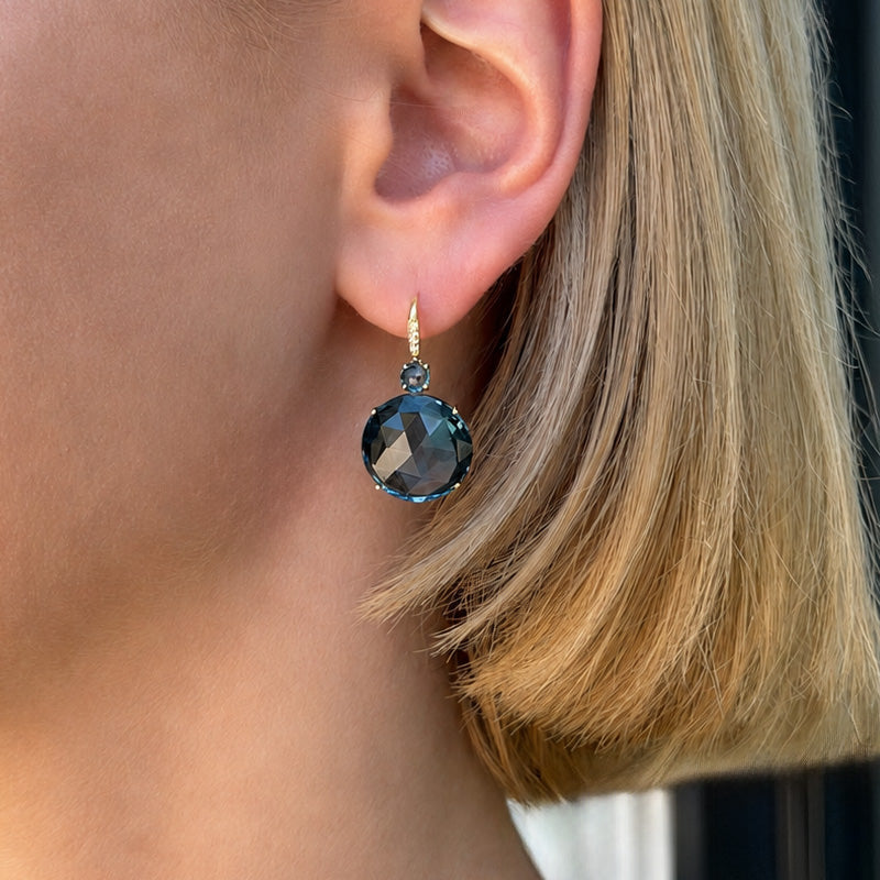 Lilies - Drop Earrings with London Blue Topaz and Diamonds, 18k Yellow Gold