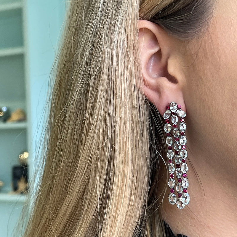 Nightlife - Chandelier Earrings with White Topaz and Rubies, 18k Blackened Gold