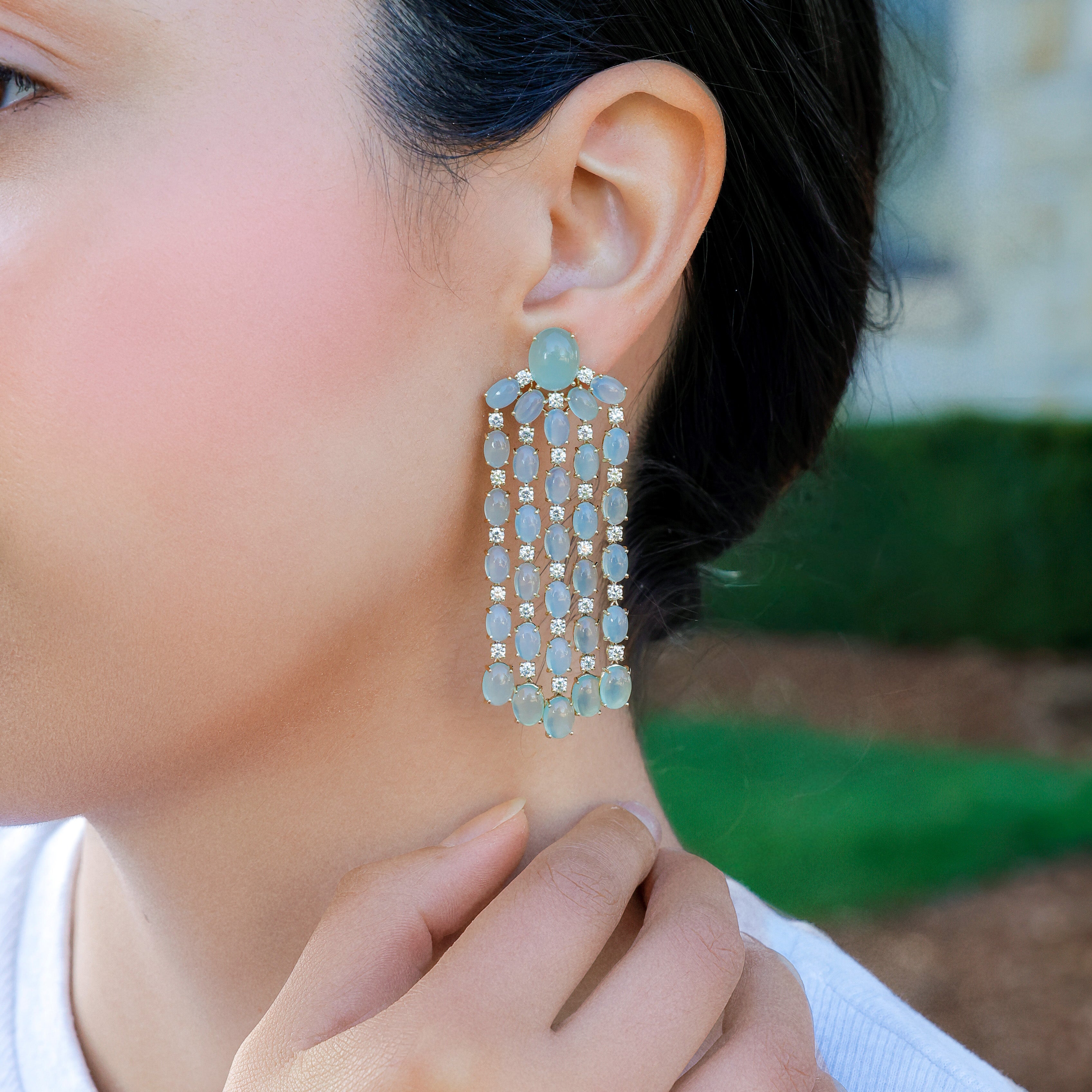 Nightlife - Chandelier Earrings with Green Aqua Chalcedony and Diamonds, 18k Yellow Gold