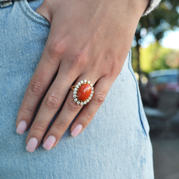 Sole - Cocktail Ring with Natural Mediterranean Red Coral and Diamonds, 18k Yellow Gold