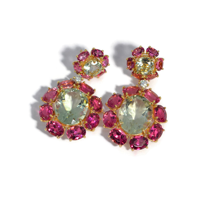 Sole - Drop Earrings with Prasiolite, Pink Tourmaline and Diamonds, 18k Yellow Gold
