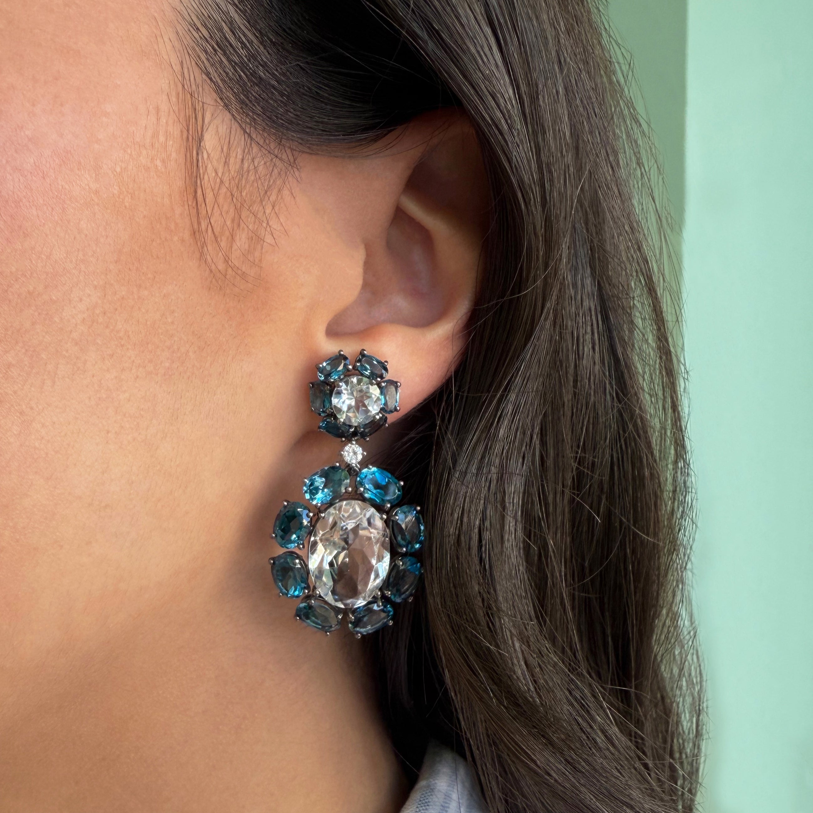 Sole - Drop Earrings with Rock Crystal, London Blue Topaz and Diamonds, Blackened Sterling Silver and 18k Yellow Gold