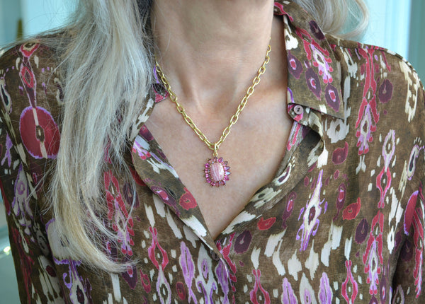 Sole - Pendant with Rhodochrosite and Pink Tourmaline, 18k Yellow Gold